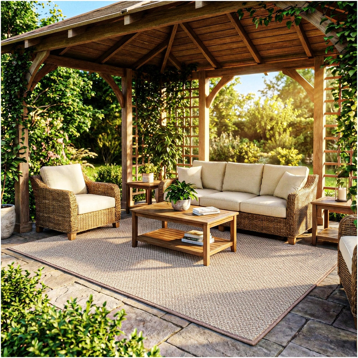 KOECKRITZ 6' x 12' Ivory Mix Nugget Special Indoor Outdoor Area Rug - Multilevel Loop Berber - Durable & Stain Resistant Carpet for Porches, Decks, Patios, Sunroom