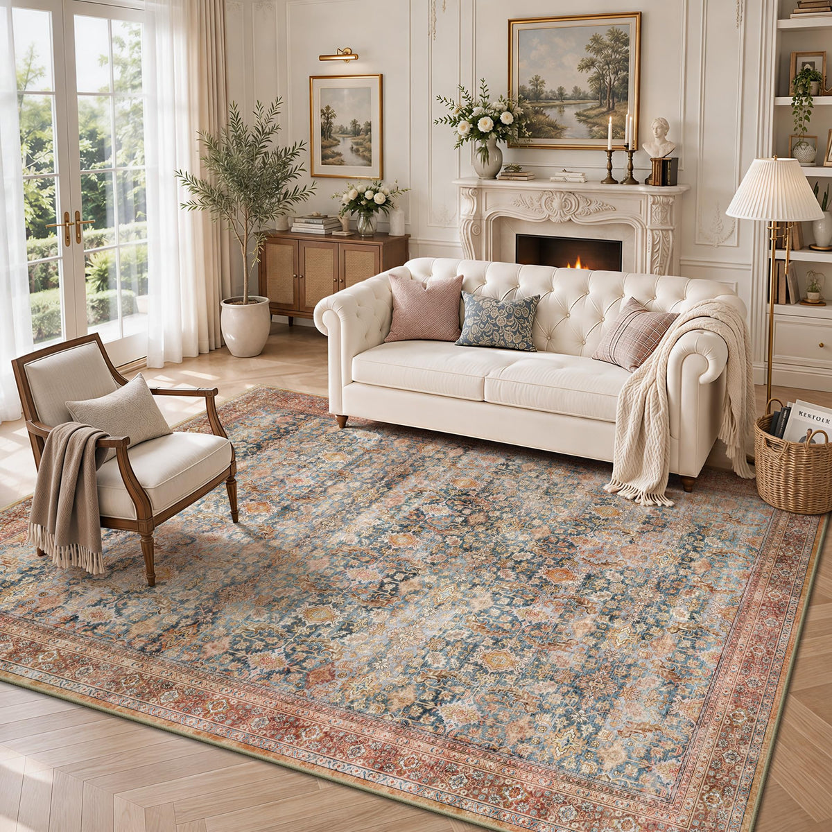 8x10 Area Rugs for Living Room - Washable Vintage Retro Large Rug, Soft Ultra Thin Non Slip Low Pile Traditional Distressed Boho Carpet for Bedroom Dining Room Home Office, Rust Clay