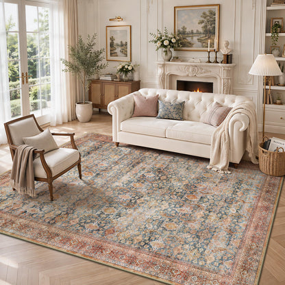 8x10 Area Rugs for Living Room - Washable Vintage Retro Large Rug, Soft Ultra Thin Non Slip Low Pile Traditional Distressed Boho Carpet for Bedroom Dining Room Home Office, Rust Clay
