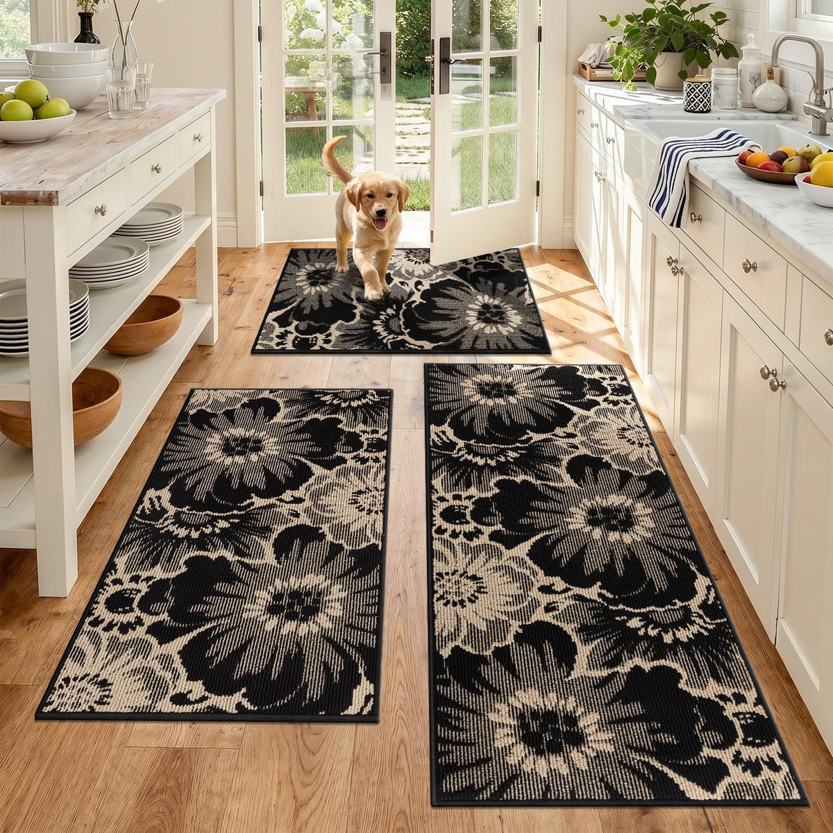 Findosom Hallway Runner Rug 2x6, Non Slip High-Low Textured Floral Washable Runner Rug with Rubber Backing, Boho Carpet Runner for Kitchen, Entryway, Bedroom, Laundry, Black & Beige