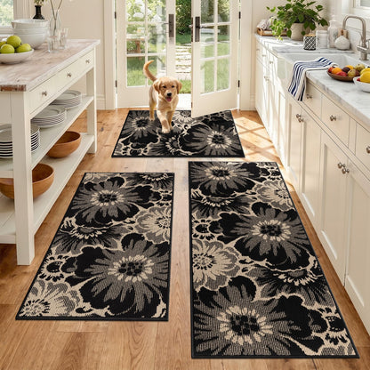 Findosom Hallway Runner Rug 2x6, Non Slip High-Low Textured Floral Washable Runner Rug with Rubber Backing, Boho Carpet Runner for Kitchen, Entryway, Bedroom, Laundry, Black & Beige