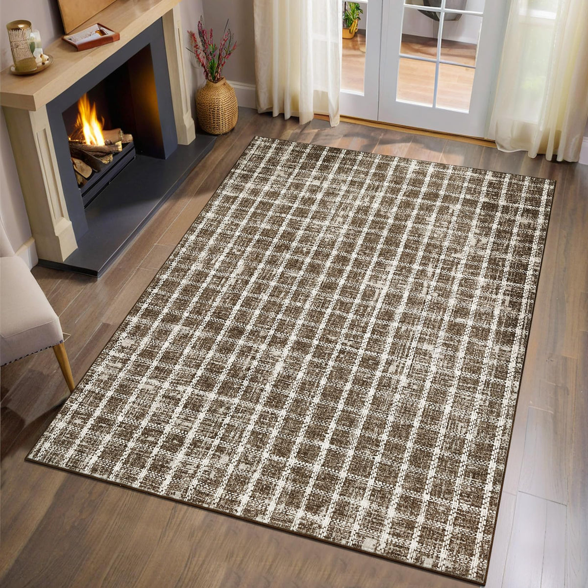 ROYHOME 6x9 Area Rug for Living Room Washable Khaki Brown Checkered Rugs