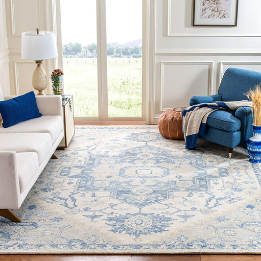 SAFAVIEH Micro-Loop Collection Area Rug - 5' Square, Ivory & Blue, Handmade Shabby Chic Medallion Wool, Ideal for High Traffic Areas in Living Room, Bedroom (MLP503G)