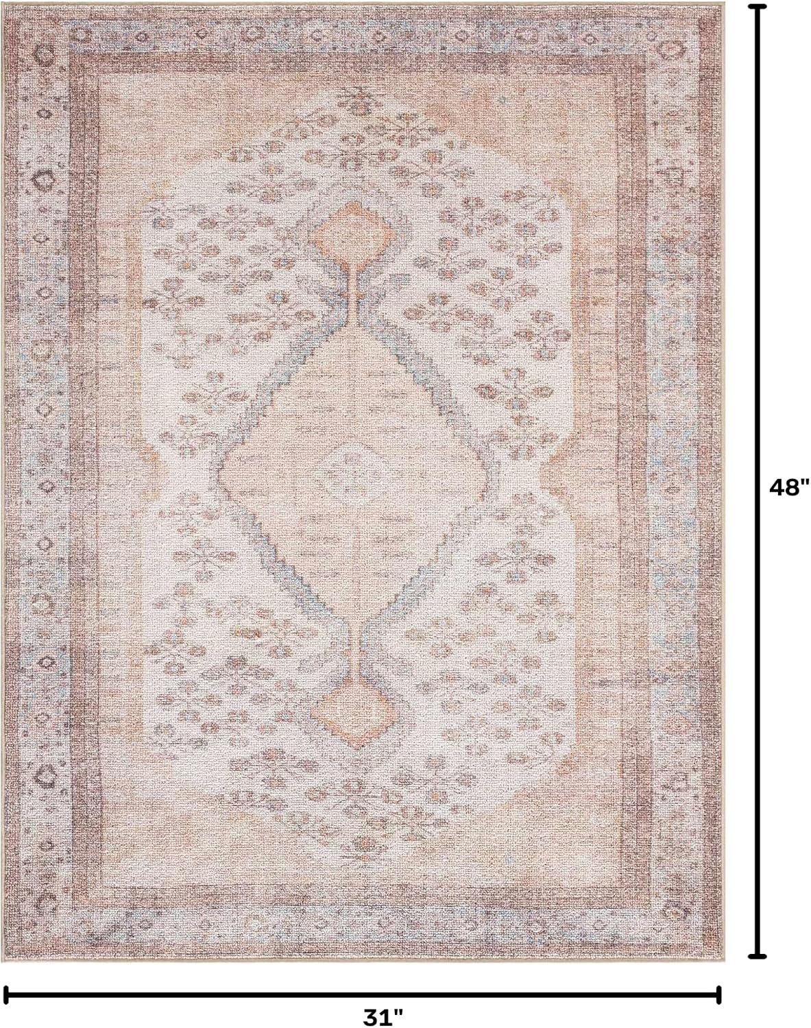 BoutiqueRugs Washable Ivory Medallion 2x4 Accent Rug Traditional Sand Light Blue Brown Analu Entryway Bedside Nursery Mudroom Bathroom Powder Room 2'7" x 4' Easy Clean Stain Resistant