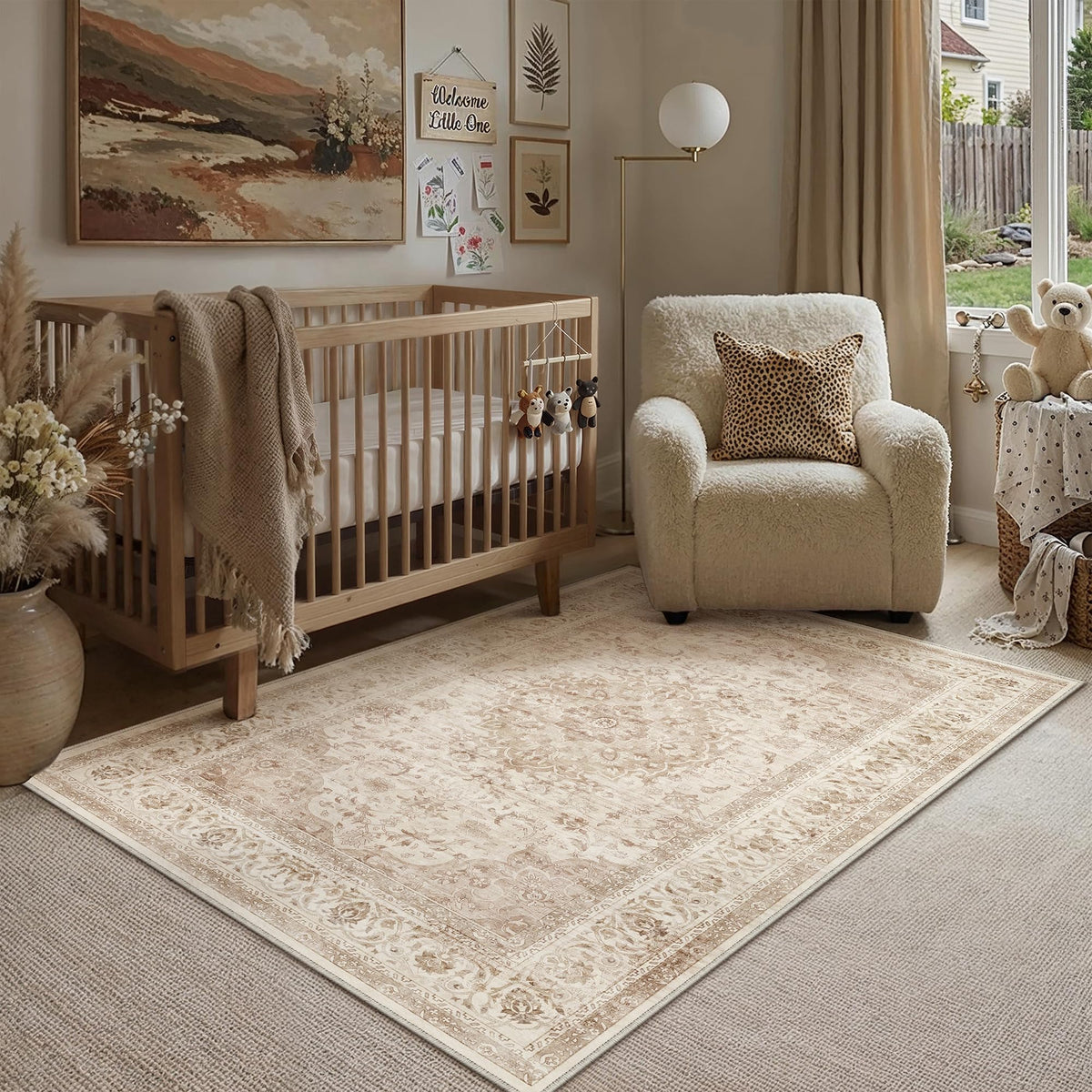 8x10 Washable Area Rug Beige Grey Non Slip Vintage Carpet