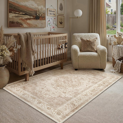 8x10 Washable Area Rug Beige Grey Non Slip Vintage Carpet