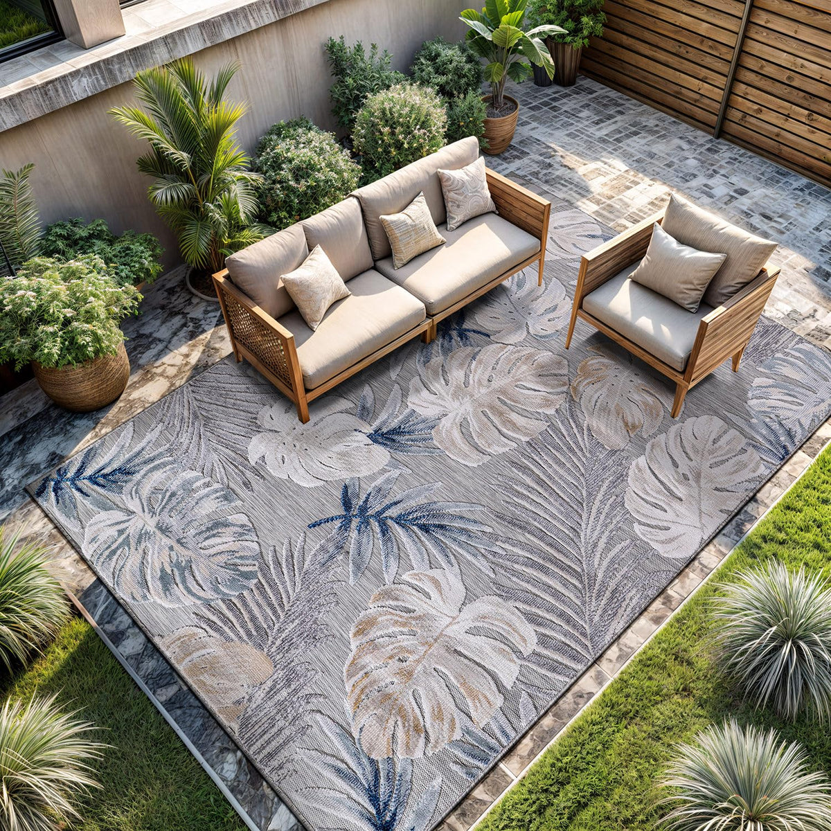 CAMILSON Indoor Outdoor Rug, Multi 5x7 Leaf Tropical Botanical Area Rugs for Indoor and Outdoor patios, Easy-Cleaning Non-Shedding Living Room, Garden and Kitchen Washable Outside Carpet (5 x 7)
