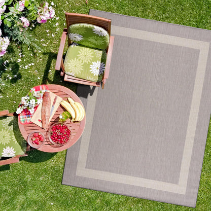CAMILSON Indoor Outdoor Rug, 6x9 Bordered Dark Grey Black Modern Area Rugs for Indoor and Outdoor Patios, Kitchen and Hallway Mats, Washable Porch Deck Outside Carpet (Bordered Black, 6 x 9)