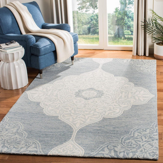 SAFAVIEH Area Rug 8x10 - Micro-Loop Collection - Large - Blue & Ivory, Handmade Wool, Medallion Design, Ideal for Living Room, Bedroom, Office, Dining Space (MLP620M)