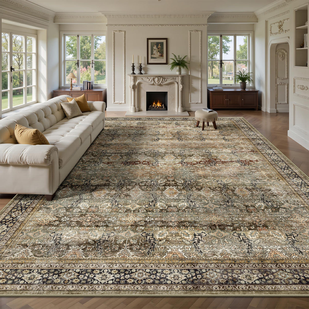 8x10 Area Rugs for Living Room - Washable Vintage Retro Large Rug, Soft Ultra Thin Non Slip Low Pile Traditional Distressed Boho Carpet for Bedroom Dining Room Home Office, Rust Clay