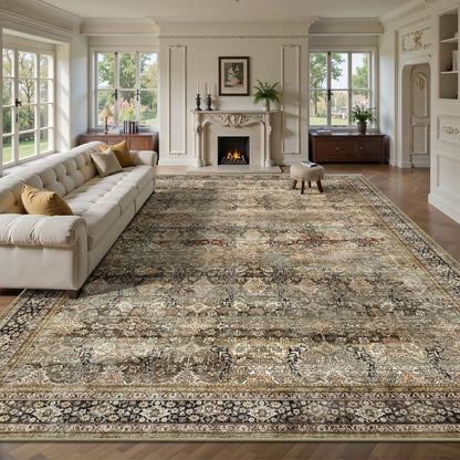 8x10 Area Rugs for Living Room - Washable Vintage Retro Large Rug, Soft Ultra Thin Non Slip Low Pile Traditional Distressed Boho Carpet for Bedroom Dining Room Home Office, Rust Clay