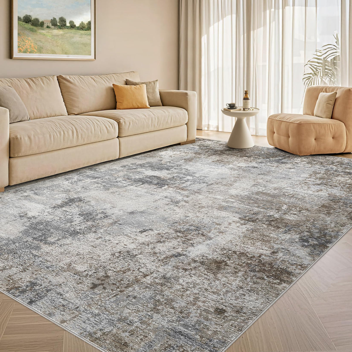 Tortania Washable 8x10 Area Rug for Living Room: Modern Abstract Neutral Large Soft Thin Rugs - Non Slip Indoor Carpet for Bedroom Dining Room Office Nursery Home Floor Decoration - Smoky Gray