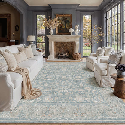 8x10 Washable Area Rug Beige Grey Non Slip Vintage Carpet