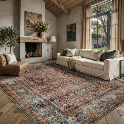 8x10 Area Rugs for Living Room - Washable Vintage Retro Large Rug, Soft Ultra Thin Non Slip Low Pile Traditional Distressed Boho Carpet for Bedroom Dining Room Home Office, Rust Clay