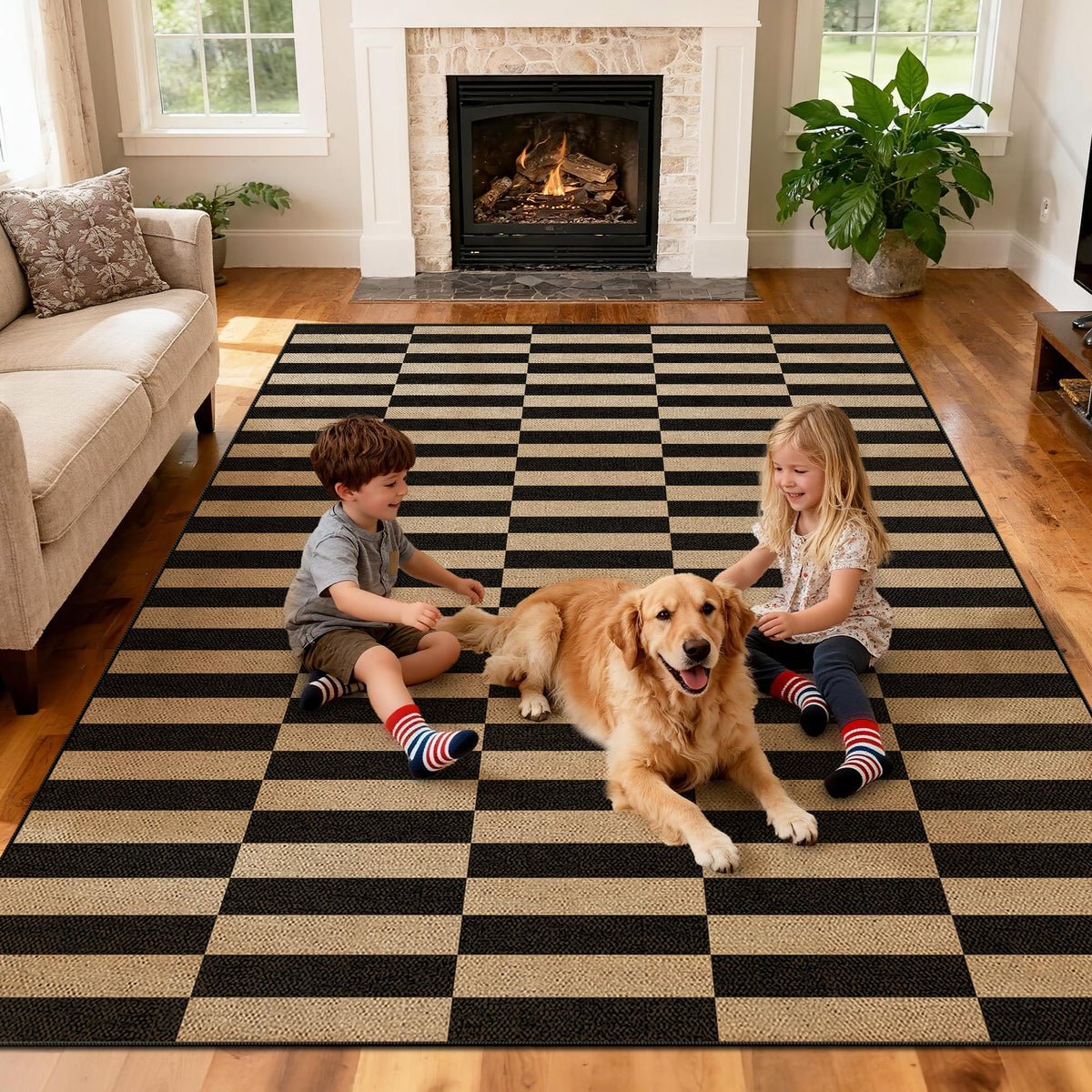 Washable 8x10 Black Striped Easy Jute Indoor Outdoor Rug for Living Room