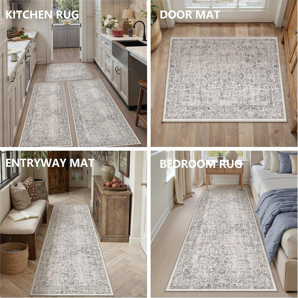 HUGEAR 3-Piece Grey Neutral Kitchen Rug Set