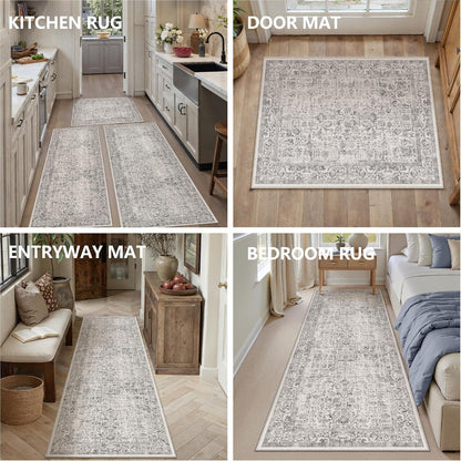 HUGEAR 3-Piece Grey Neutral Kitchen Rug Set