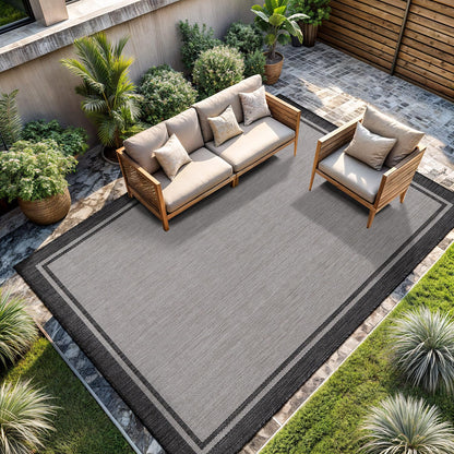 CAMILSON Indoor Outdoor Rug, 6x9 Bordered Dark Grey Black Modern Area Rugs for Indoor and Outdoor Patios, Kitchen and Hallway Mats, Washable Porch Deck Outside Carpet (Bordered Black, 6 x 9)