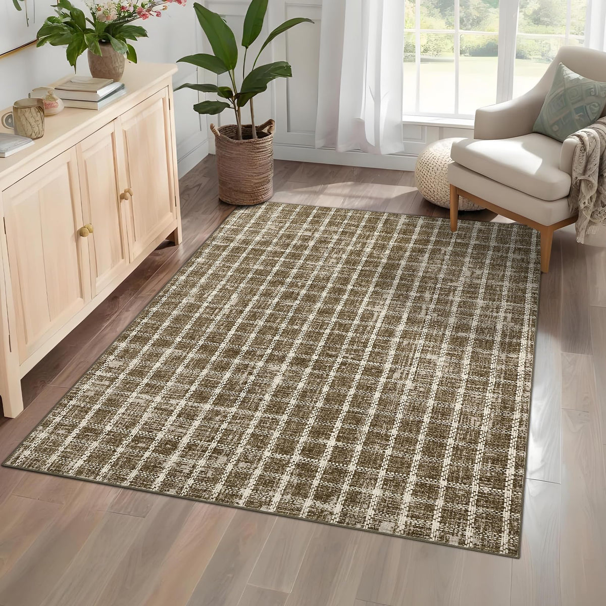 ROYHOME 6x9 Area Rug for Living Room Washable Khaki Brown Checkered Rugs