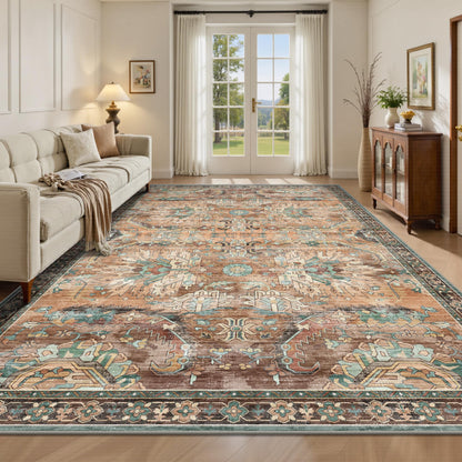 8x10 Area Rugs for Living Room - Washable Vintage Retro Large Rug, Soft Ultra Thin Non Slip Low Pile Traditional Distressed Boho Carpet for Bedroom Dining Room Home Office, Rust Clay