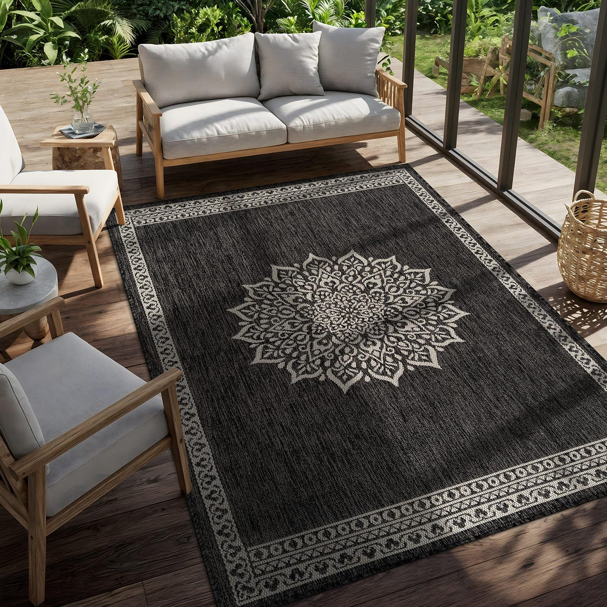 CAMILSON Indoor Outdoor Rug, 6x9 Bordered Dark Grey Black Modern Area Rugs for Indoor and Outdoor Patios, Kitchen and Hallway Mats, Washable Porch Deck Outside Carpet (Bordered Black, 6 x 9)