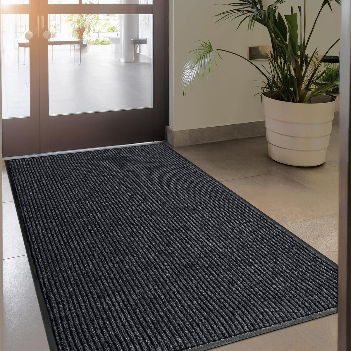 MaxMat® Heavy Duty Entry Floor Mat - Large Commercial, Indoor/Outdoor, Waterproof, Easy to Clean, Low-Profile Door Mat (4 x 6 Feet, Brown, MXM-RIB0046BR)