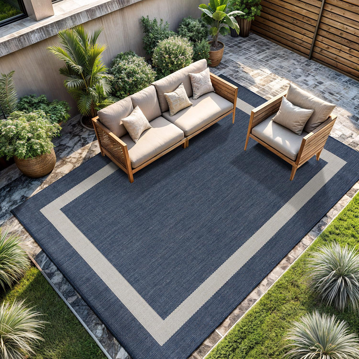 CAMILSON Indoor Outdoor Rug, 6x9 Bordered Dark Grey Black Modern Area Rugs for Indoor and Outdoor Patios, Kitchen and Hallway Mats, Washable Porch Deck Outside Carpet (Bordered Black, 6 x 9)