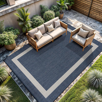 CAMILSON Indoor Outdoor Rug, 6x9 Bordered Dark Grey Black Modern Area Rugs for Indoor and Outdoor Patios, Kitchen and Hallway Mats, Washable Porch Deck Outside Carpet (Bordered Black, 6 x 9)