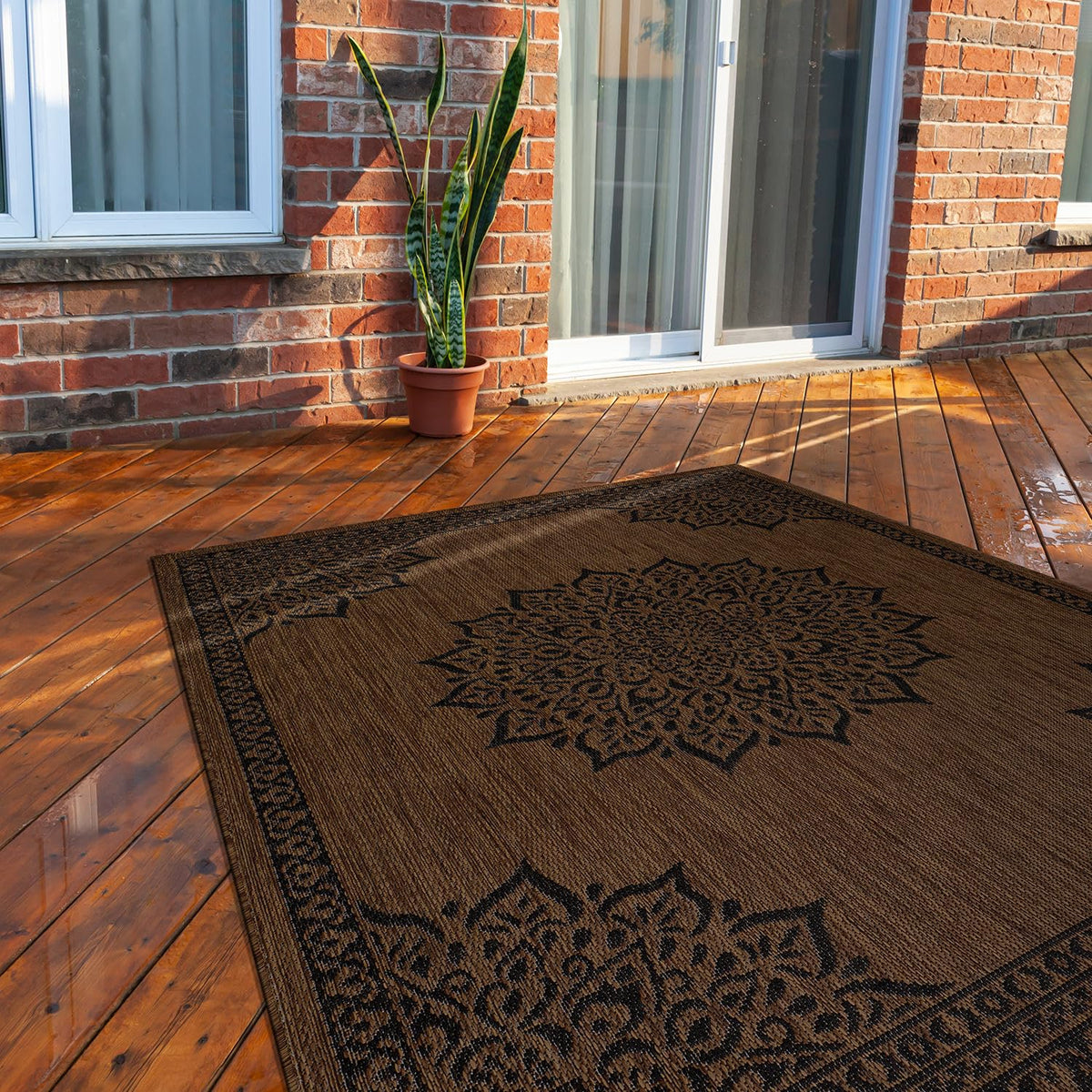 CAMILSON Indoor Outdoor Rug, 6x9 Bordered Dark Grey Black Modern Area Rugs for Indoor and Outdoor Patios, Kitchen and Hallway Mats, Washable Porch Deck Outside Carpet (Bordered Black, 6 x 9)