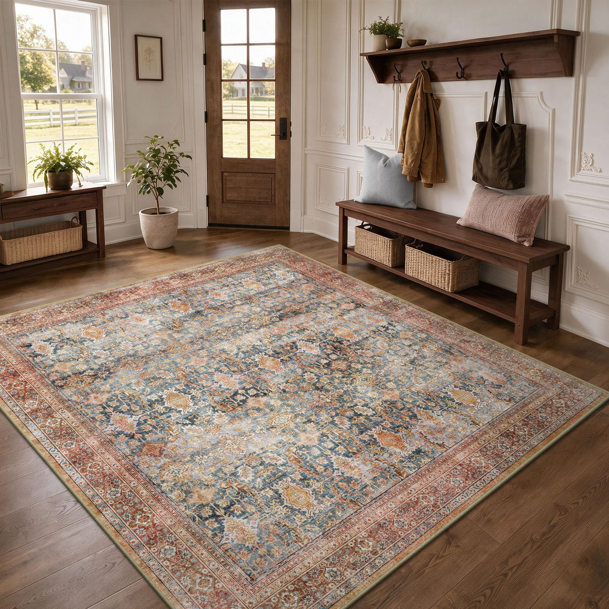 8x10 Area Rugs for Living Room - Washable Vintage Retro Large Rug, Soft Ultra Thin Non Slip Low Pile Traditional Distressed Boho Carpet for Bedroom Dining Room Home Office, Rust Clay