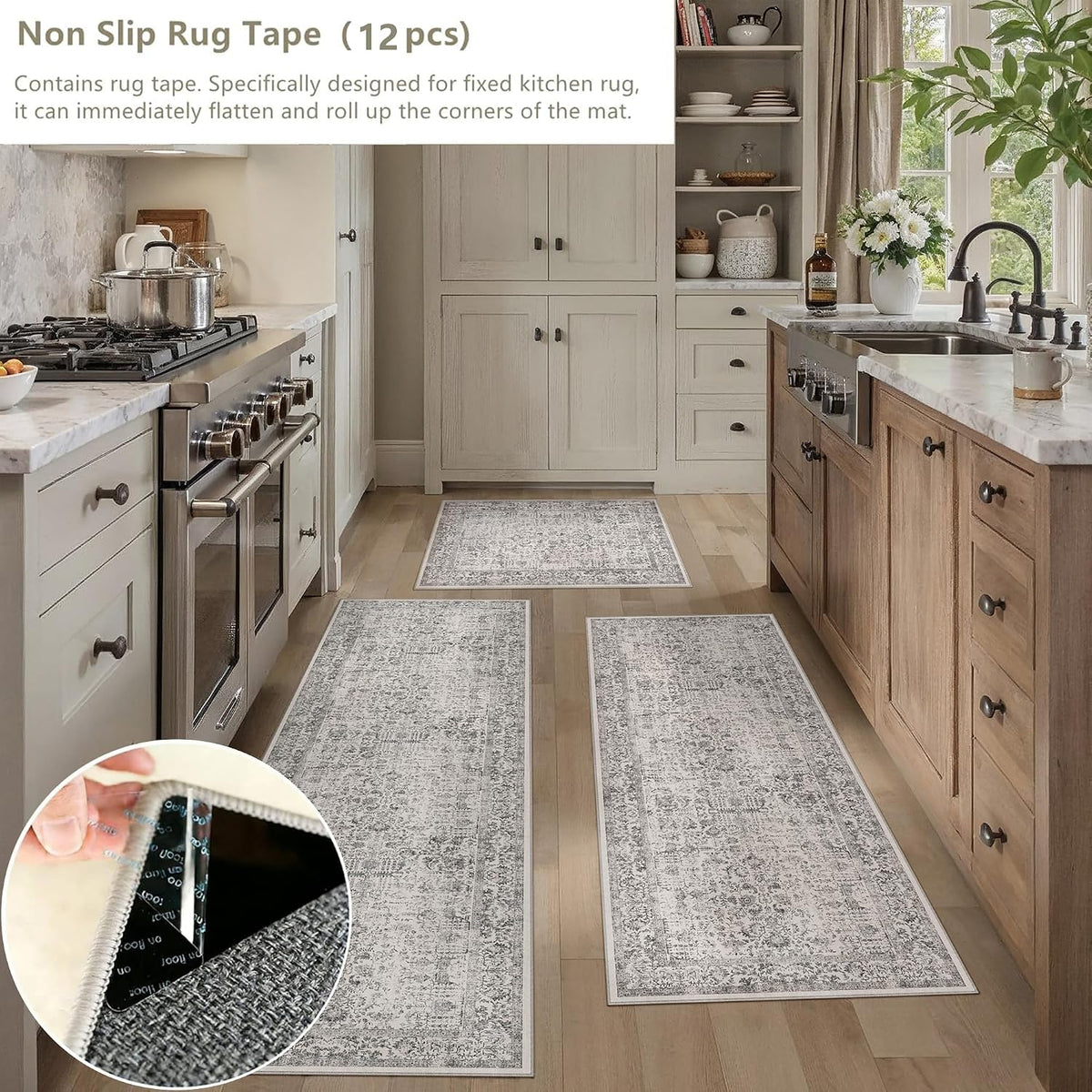 HUGEAR 3-Piece Grey Neutral Kitchen Rug Set