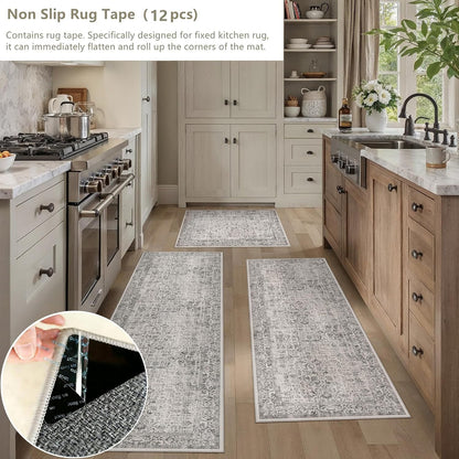 HUGEAR 3-Piece Grey Neutral Kitchen Rug Set