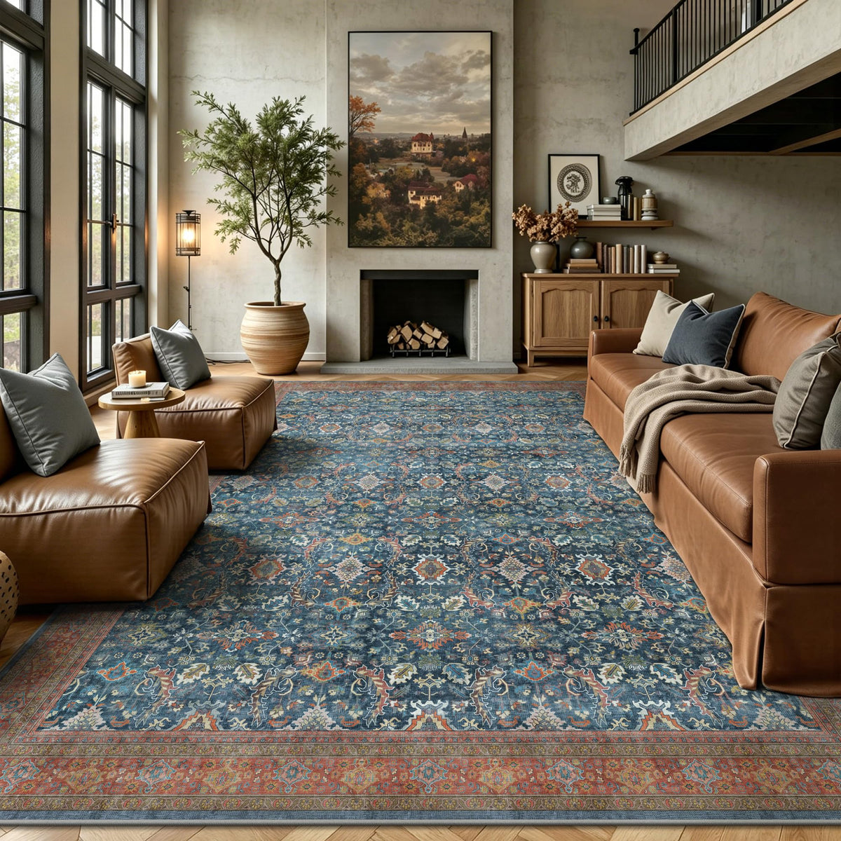 8x10 Area Rugs for Living Room - Washable Vintage Retro Large Rug, Soft Ultra Thin Non Slip Low Pile Traditional Distressed Boho Carpet for Bedroom Dining Room Home Office, Rust Clay