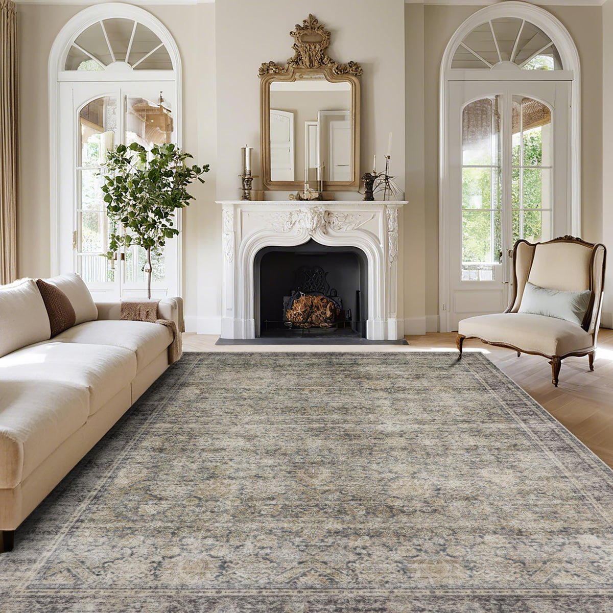 Washable Rugs 8x10 Area Rug for Living Room,Bedroom,Dining Room-Beige Green