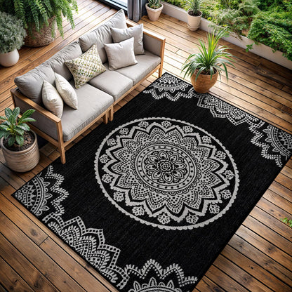 CAMILSON Outdoor Rug 5x7 Modern Area Rugs for Indoor and Outdoor Patios and Porches - Waterproof, Washable, Non-Shedding, Easy-to-Clean Outside Carpet (5 x 7, Medallion - Beige/White)