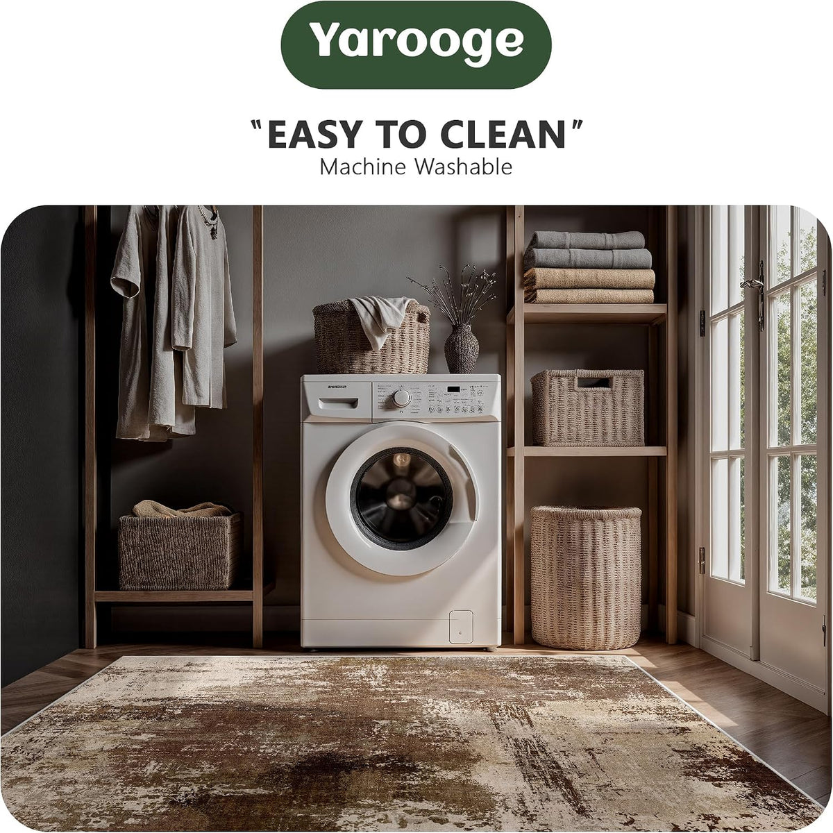 8x10 Rugs for Living Room - Modern Abstract Low Pile Washable Rug, Ultra Soft Non Slip Large Rugs, Floor Carpet for Bedroom Dining Room Office Laundry Nursery Home(Brown)