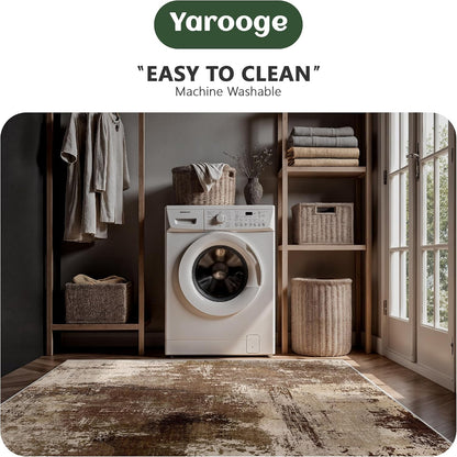 8x10 Rugs for Living Room - Modern Abstract Low Pile Washable Rug, Ultra Soft Non Slip Large Rugs, Floor Carpet for Bedroom Dining Room Office Laundry Nursery Home(Brown)
