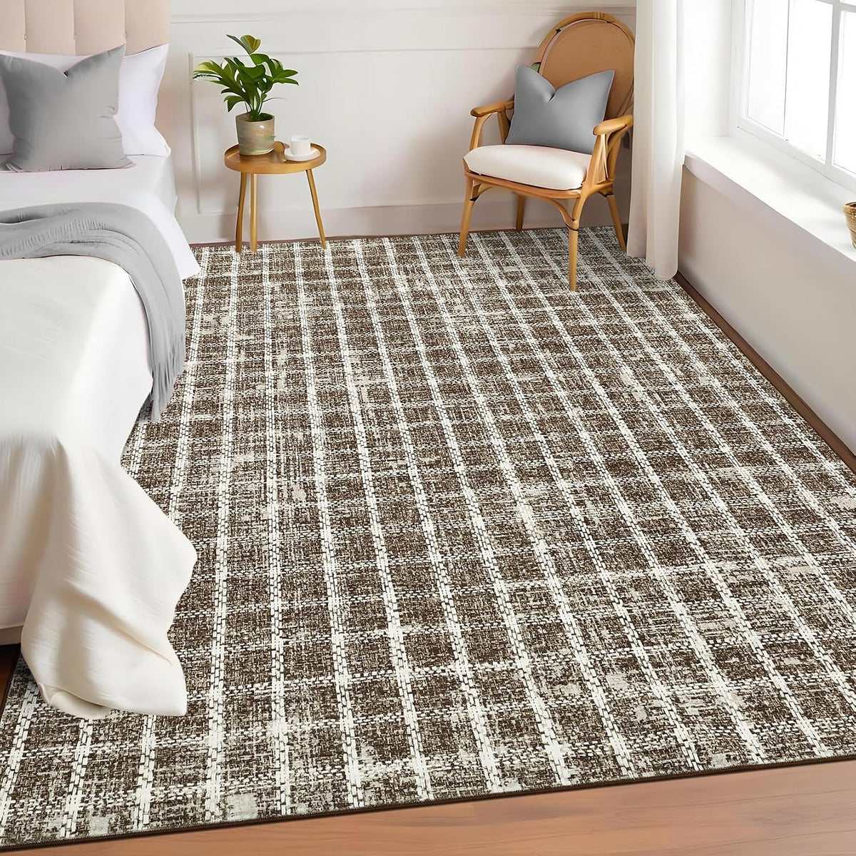 ROYHOME 6x9 Area Rug for Living Room Washable Khaki Brown Checkered Rugs