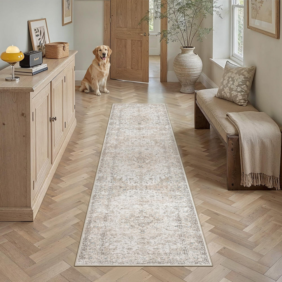 8x10 Washable Area Rug Beige Grey Non Slip Vintage Carpet