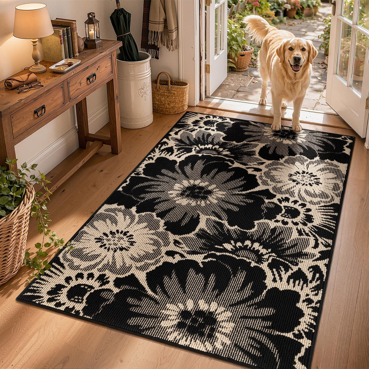 Findosom Hallway Runner Rug 2x6, Non Slip High-Low Textured Floral Washable Runner Rug with Rubber Backing, Boho Carpet Runner for Kitchen, Entryway, Bedroom, Laundry, Black & Beige