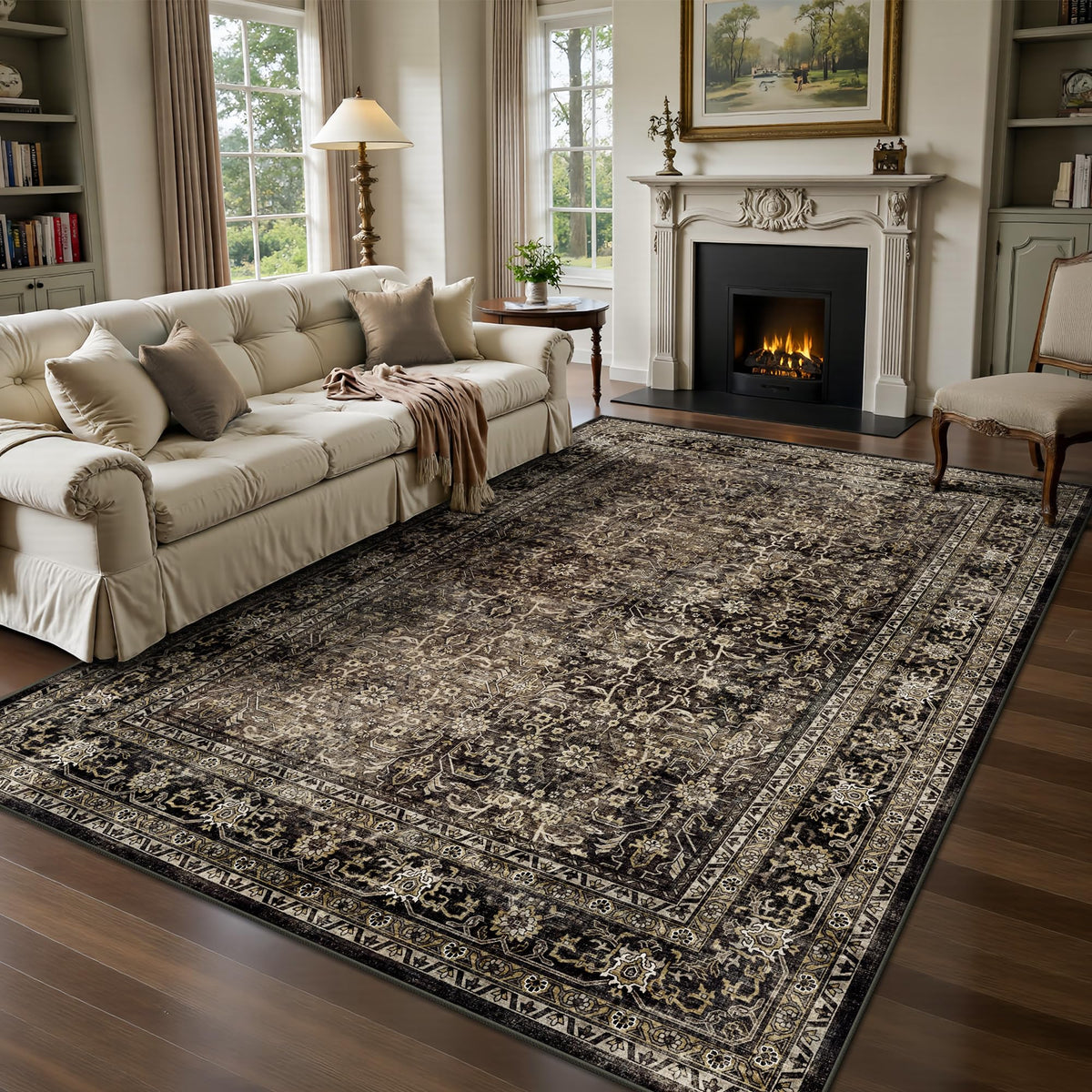 8x10 Area Rugs for Living Room - Washable Vintage Retro Large Rug, Soft Ultra Thin Non Slip Low Pile Traditional Distressed Boho Carpet for Bedroom Dining Room Home Office, Rust Clay