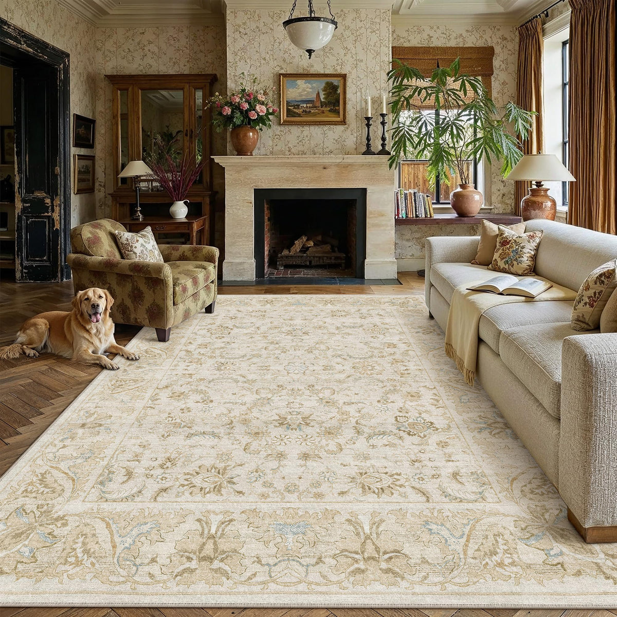 8x10 Washable Area Rug Beige Grey Non Slip Vintage Carpet