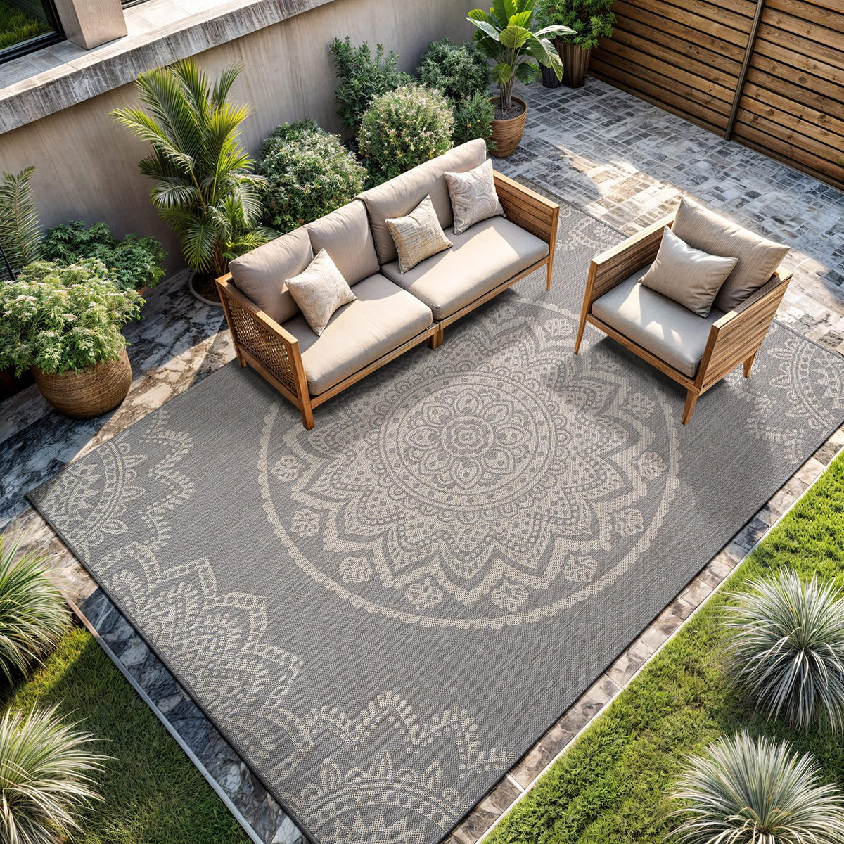 CAMILSON Outdoor Rug 5x7 Modern Area Rugs for Indoor and Outdoor Patios and Porches - Waterproof, Washable, Non-Shedding, Easy-to-Clean Outside Carpet (5 x 7, Medallion - Beige/White)