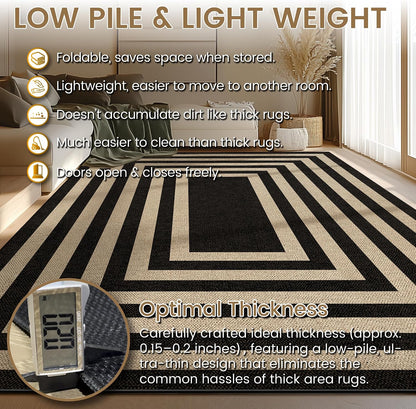 Washable 8x10 Black Striped Easy Jute Indoor Outdoor Rug for Living Room