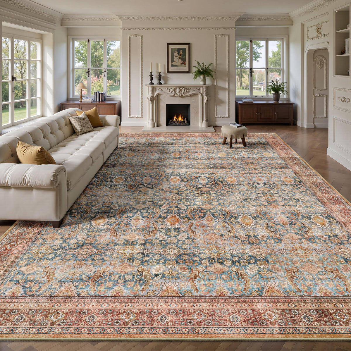 8x10 Area Rugs for Living Room - Washable Vintage Retro Large Rug, Soft Ultra Thin Non Slip Low Pile Traditional Distressed Boho Carpet for Bedroom Dining Room Home Office, Rust Clay