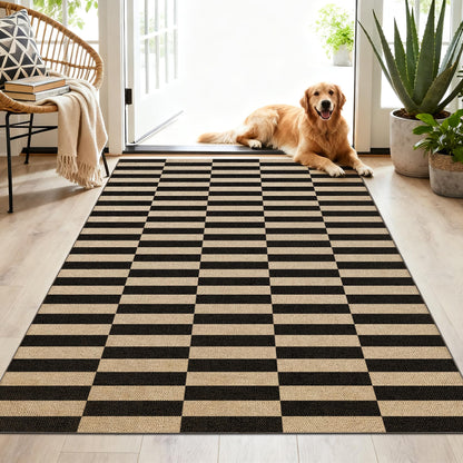 Washable 8x10 Black Striped Easy Jute Indoor Outdoor Rug for Living Room