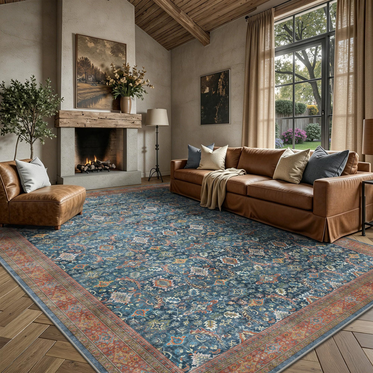 8x10 Area Rugs for Living Room - Washable Vintage Retro Large Rug, Soft Ultra Thin Non Slip Low Pile Traditional Distressed Boho Carpet for Bedroom Dining Room Home Office, Rust Clay