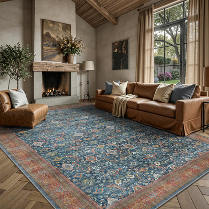 8x10 Area Rugs for Living Room - Washable Vintage Retro Large Rug, Soft Ultra Thin Non Slip Low Pile Traditional Distressed Boho Carpet for Bedroom Dining Room Home Office, Rust Clay