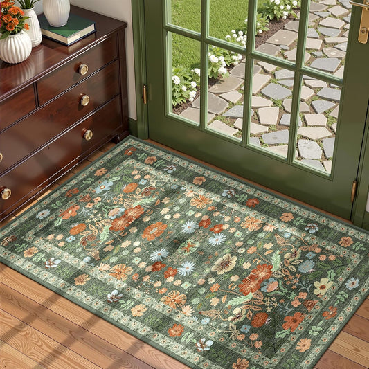 2x4 Vintage Floral Entryway Rug - Green Boho Washable Door Mat with Non-Slip Backing, Thin Low Pile Indoor Carpet for Bathroom, Kitchen, Soft Farmhouse Throw Rug, Green/Multi