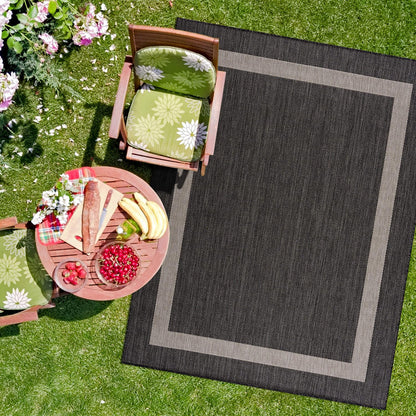 CAMILSON Indoor Outdoor Rug, 6x9 Bordered Dark Grey Black Modern Area Rugs for Indoor and Outdoor Patios, Kitchen and Hallway Mats, Washable Porch Deck Outside Carpet (Bordered Black, 6 x 9)